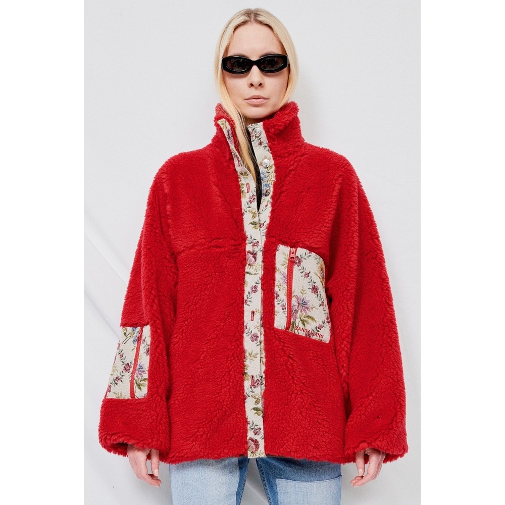 Sandy Liang Boxbox Fleece Jacket Racing Red Floral Tapestry Trim Size Large